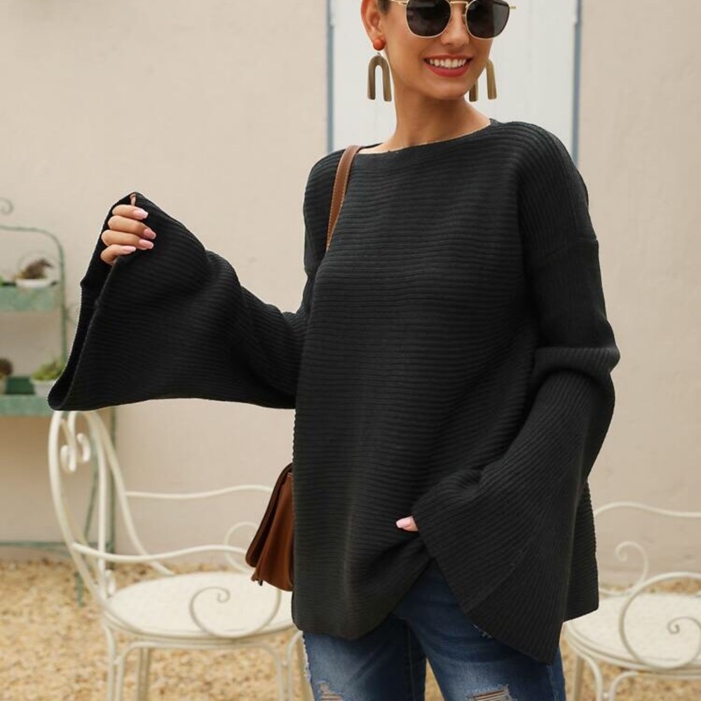 LEITH • Black Bell Sleeve Knit Sweater Sz Large